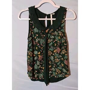 LAUREN CONRAD Blouse Women's XS Green Floral Sleeveless Removable Bow